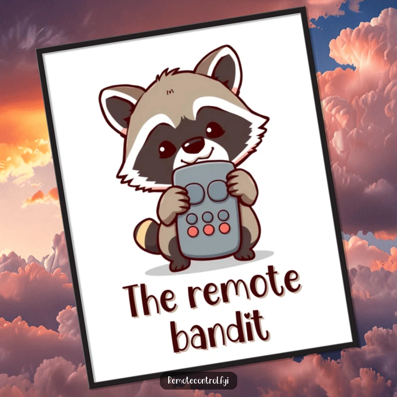 Funny Raccoon Digital Art Print: Mischievous raccoon character hiding behind a TV remote with a sly grin, symbolizing entertainment control.