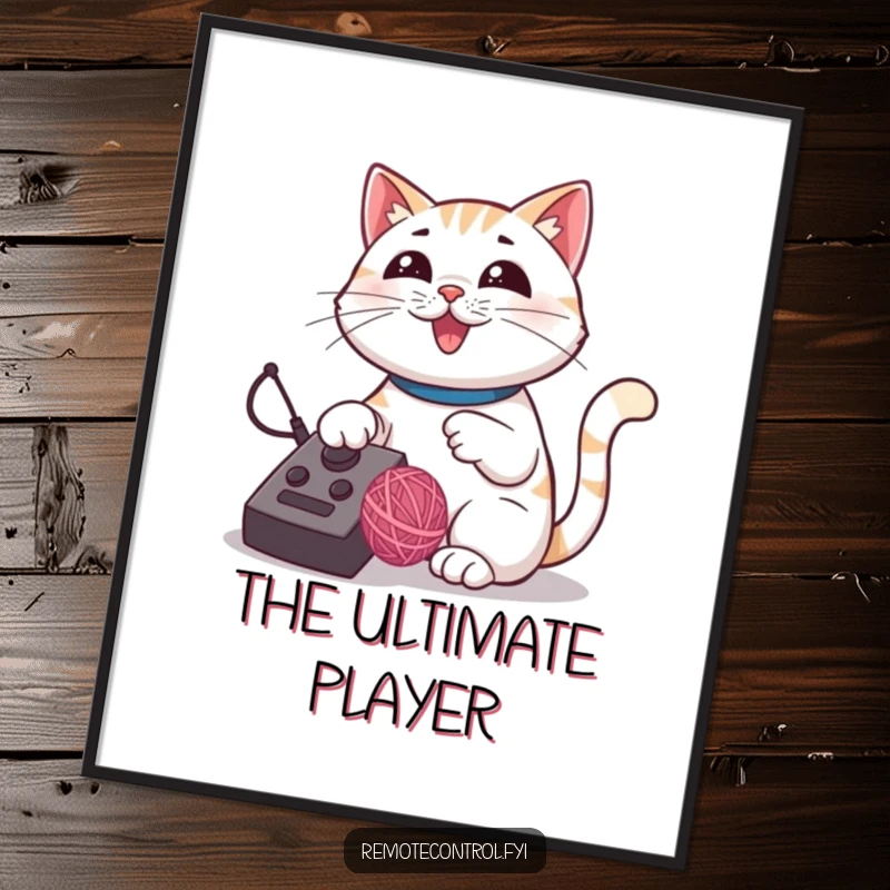 Funny cat digital art print of a proud cat using a remote control to direct a bouncing yarn ball.