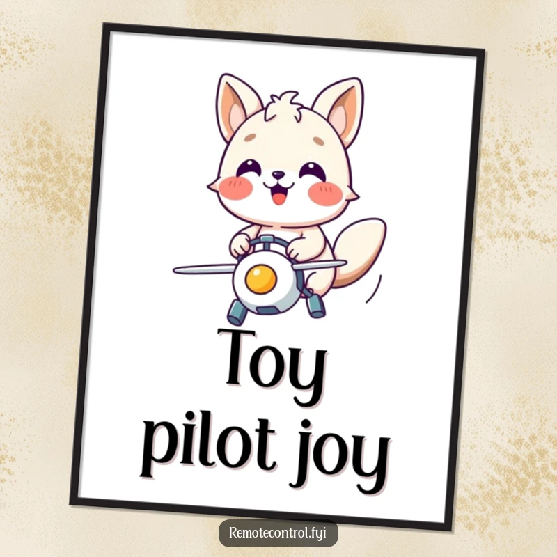 Funny digital art print of a happy animal character with focused joy, piloting a flying toy in a moment of pure fun.