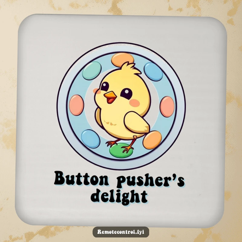 Funny bird character focused on pecking a large, colorful remote button on a drink coaster, bringing a small dose of humor to any surface.