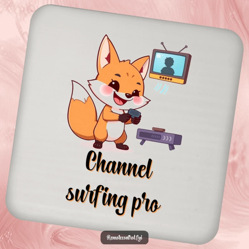 Funny fox drink coaster depicting a mischievous fox grinning and aiming a remote control at a TV.