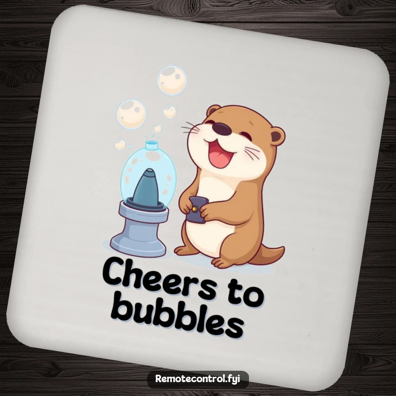 Funny otter character using a remote to activate a bubble machine on a drink coaster, bringing a playful dose of humor and joy to any surface.