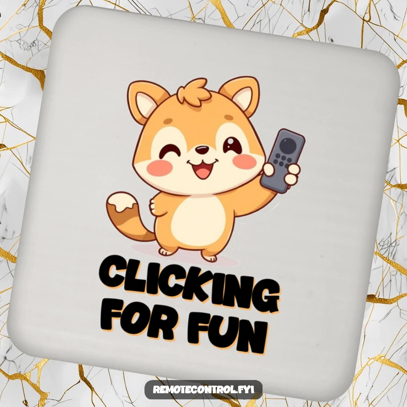 Funny drink coaster with a smiling animal character playfully pointing a remote, guarding beverages with a humorous and cheerful attitude.