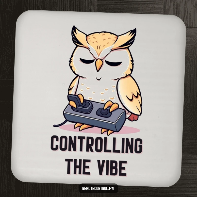 Funny kawaii owl concentrating intensely on a remote control on a drink coaster.