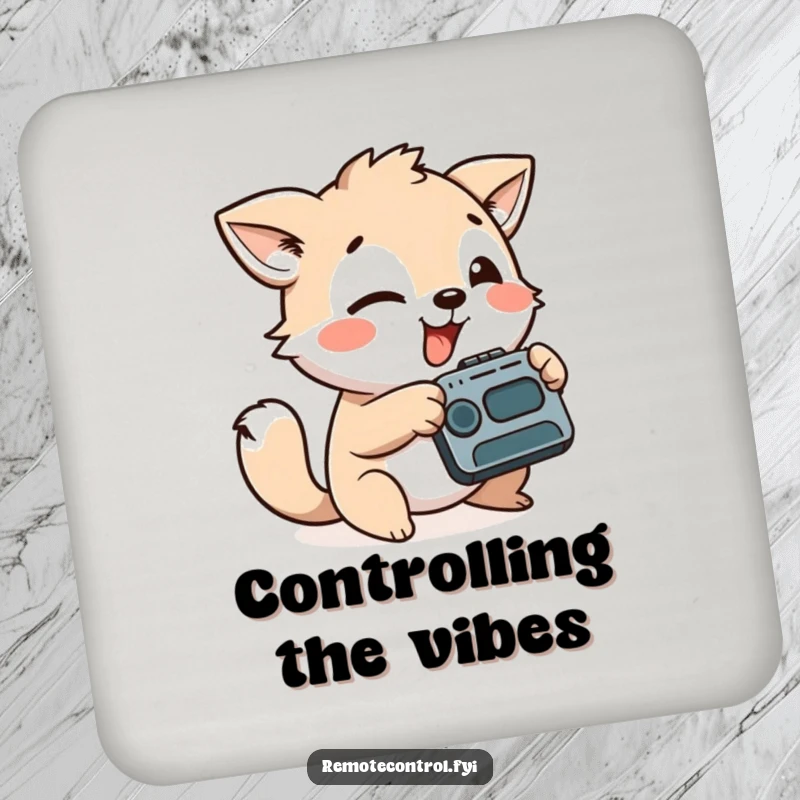 Funny drink coaster with a playful animal character aiming a remote control with a silly face, offering entertainment and surface protection.