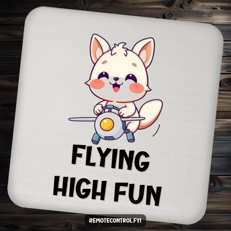 Funny drink coaster with a happy animal character steering a flying toy with focused joy, protecting beverages.