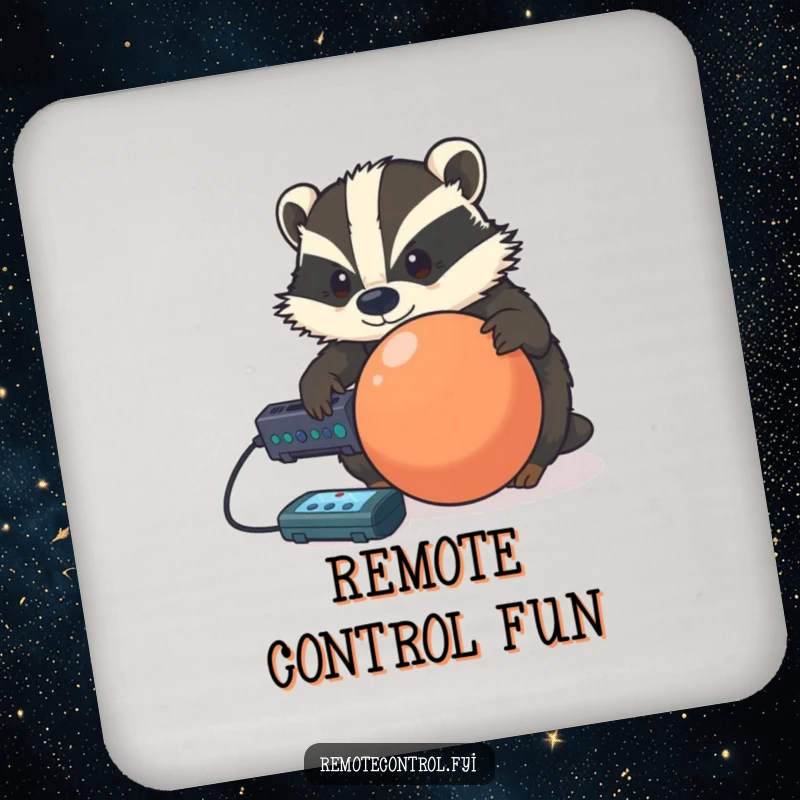 Funny determined badger controlling a rolling ball with a remote, printed on a protective and humorous drink coaster.