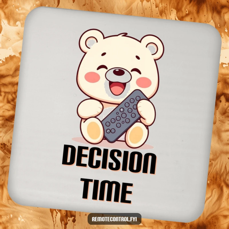 Funny Kawaii Bear Drink Coaster with a grinning bear holding a remote control with many buttons, protecting surfaces.
