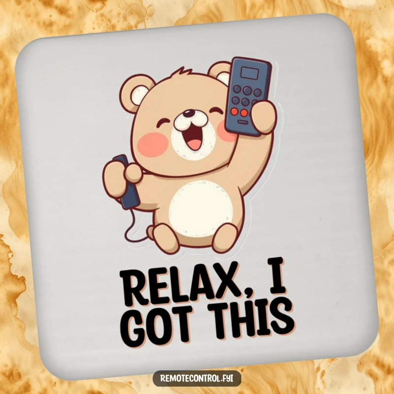 Funny drink coaster with a delighted bear character holding a remote control upside down. Protects surfaces with humor.