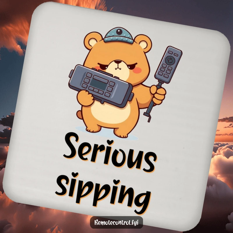 Funny bear character holding a giant TV remote with a serious look on a drink coaster, bringing a humorous dose of authority to any surface.