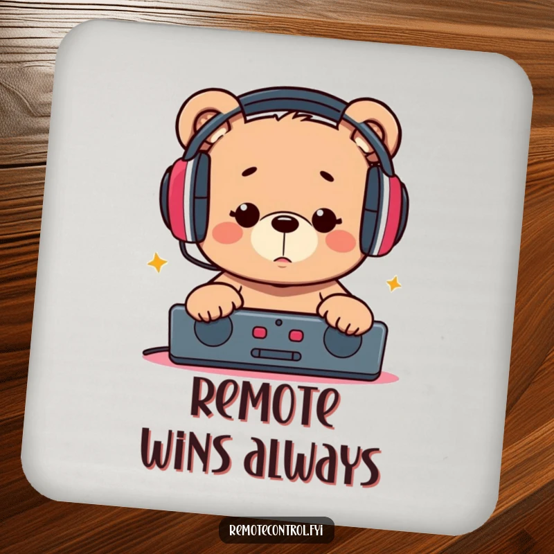Funny drink coaster with a bear wearing headphones, looking intently at a remote, adding a humorous element to any tabletop.