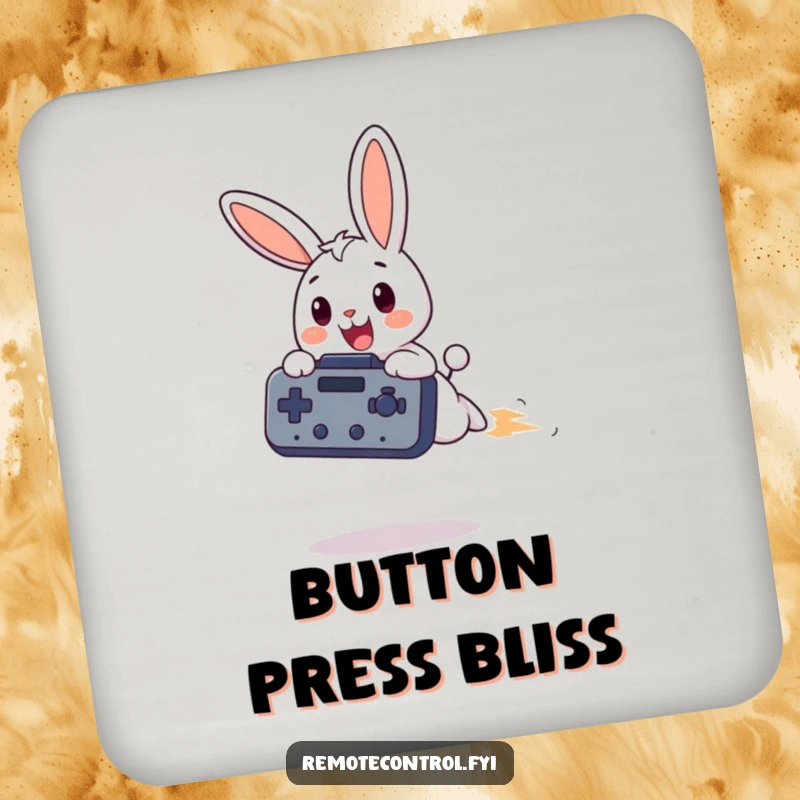 Funny bunny coaster, a happy bunny character zooms with a huge remote control, a charming addition to any table.