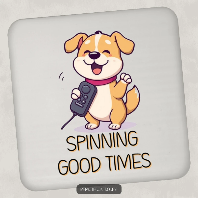 Funny dog character spinning a TV remote around its paw on a drink coaster, bringing a playful dose of humor to any surface.