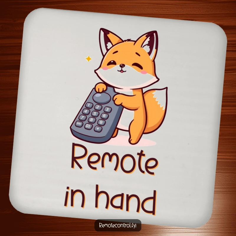 Funny Kawaii Fox Drink Coaster with an enthusiastic fox pressing buttons on a large remote control, protecting surfaces.