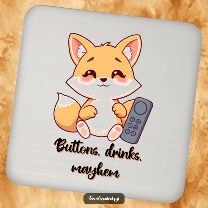 Funny giggling fox with wide eyes, fumbling with multiple remote controls, depicted on a protective and amusing drink coaster.