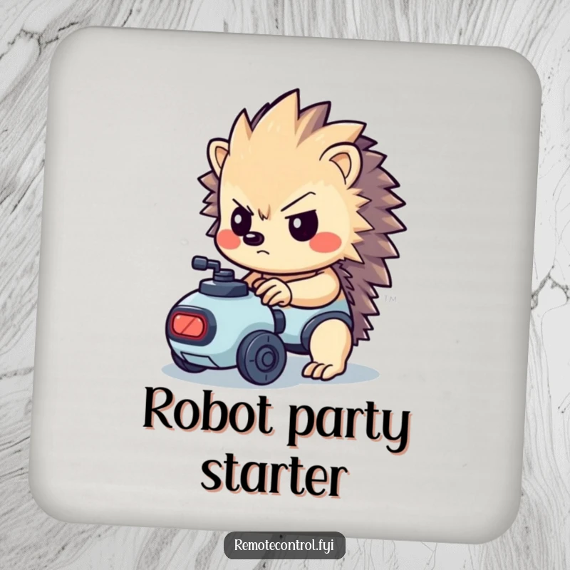 Funny kawaii hedgehog with a determined look controlling a tiny robot on a drink coaster.
