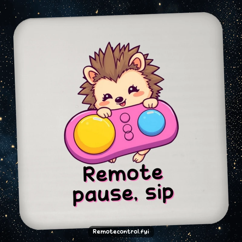 Funny hedgehog character focused on a remote control button, depicted on a protective and humorous drink coaster.