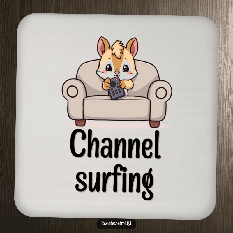 Funny drink coaster featuring a mischievous squirrel hiding behind a couch, peeking with a remote.