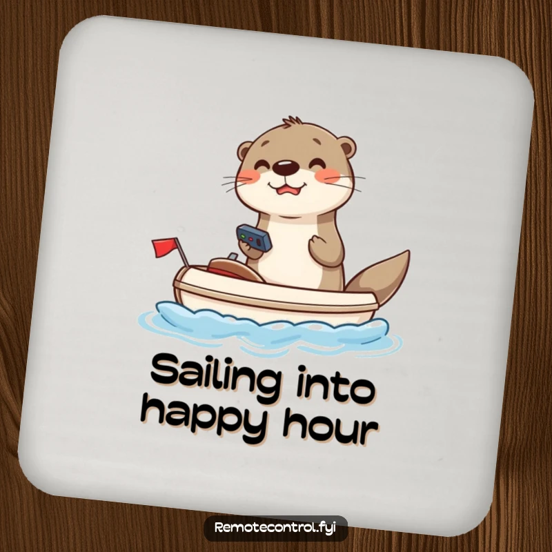Funny otter coaster with a joyful otter using a remote to steer a toy boat, a humorous and practical home item.