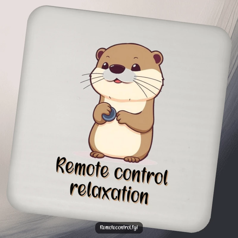 Funny curious otter pressing buttons on an invisible remote, printed on a protective and humorous drink coaster.
