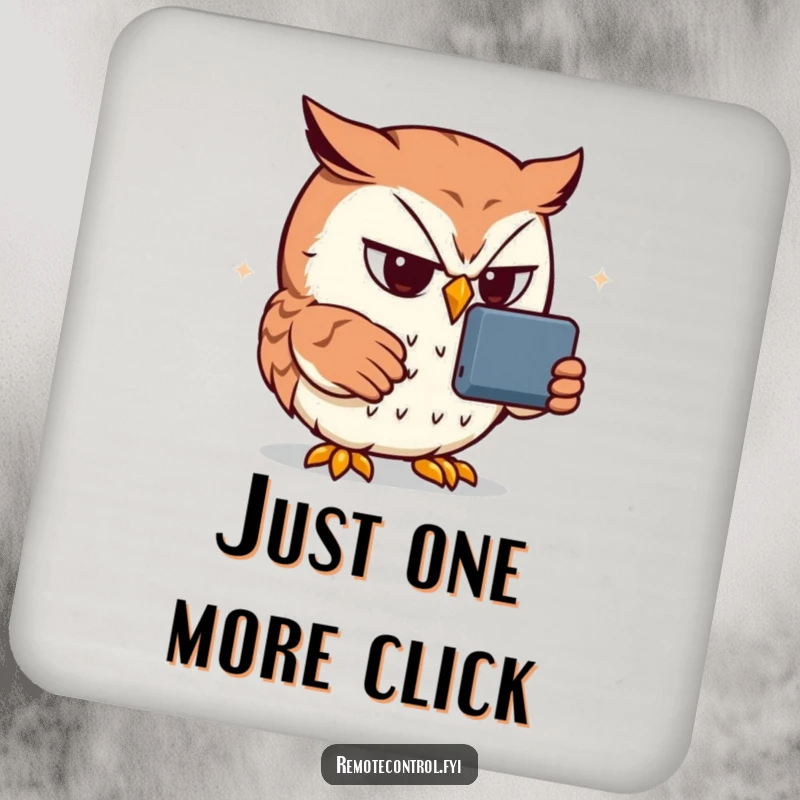 Funny owl coaster with a determined owl fixated on a remote control, a humorous and practical home item.