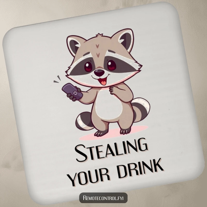 Funny raccoon character sneaking away with a TV remote on a drink coaster, bringing a playful dose of humor and mischief to any surface.
