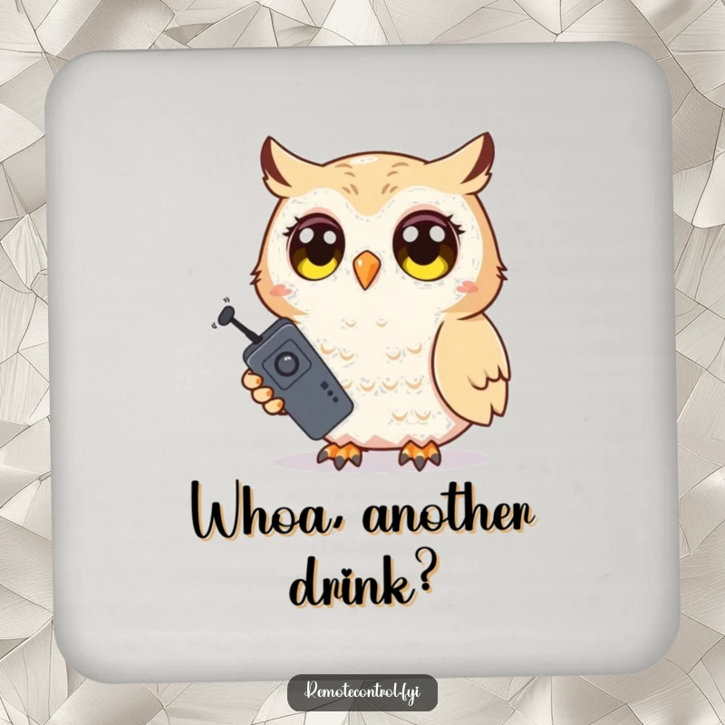 Funny Owl Coaster: Shy owl with wide, surprised eyes clutching a television remote, adding a humorous touch to drink service.