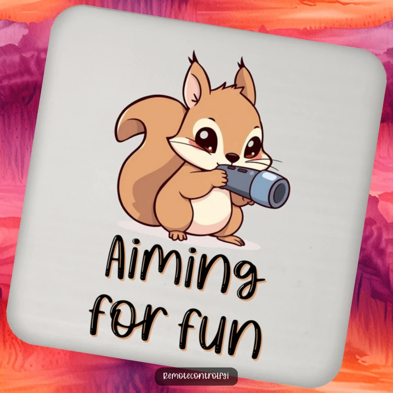 Funny kawaii squirrel with mischievous eyes aiming a remote control on a drink coaster.