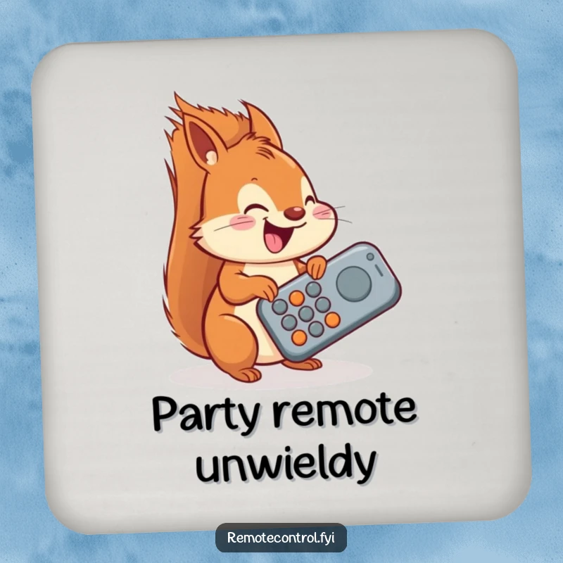 Funny squirrel drink coasters, a delighted squirrel operating a giant oversized remote control, protecting tables with humor.