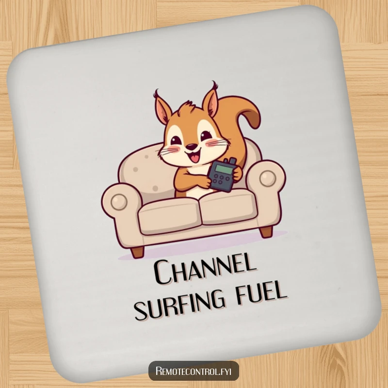 Funny coaster art of a squirrel hiding behind a couch, remote in paw, adding a humorous touch to tabletops.
