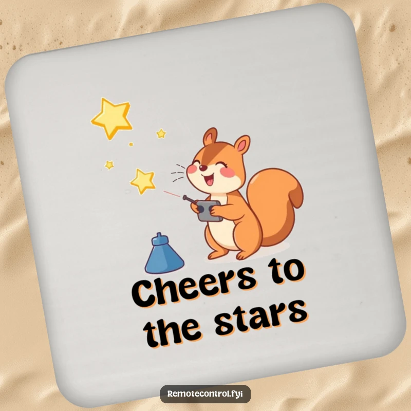 Funny Squirrel Coaster: Joyful squirrel character using a remote control to launch a bright star into the sky, adding magic to drink service.