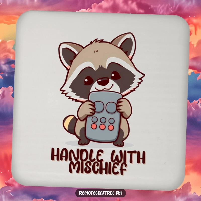 Funny Raccoon Coaster: Mischievous raccoon character peeking from behind a TV remote with a sly grin, adding humor to drink service.