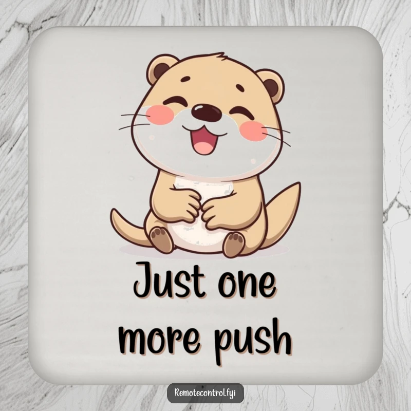 Funny drink coaster featuring a cheerful otter character with eyes wide, furiously tapping buttons on a device.