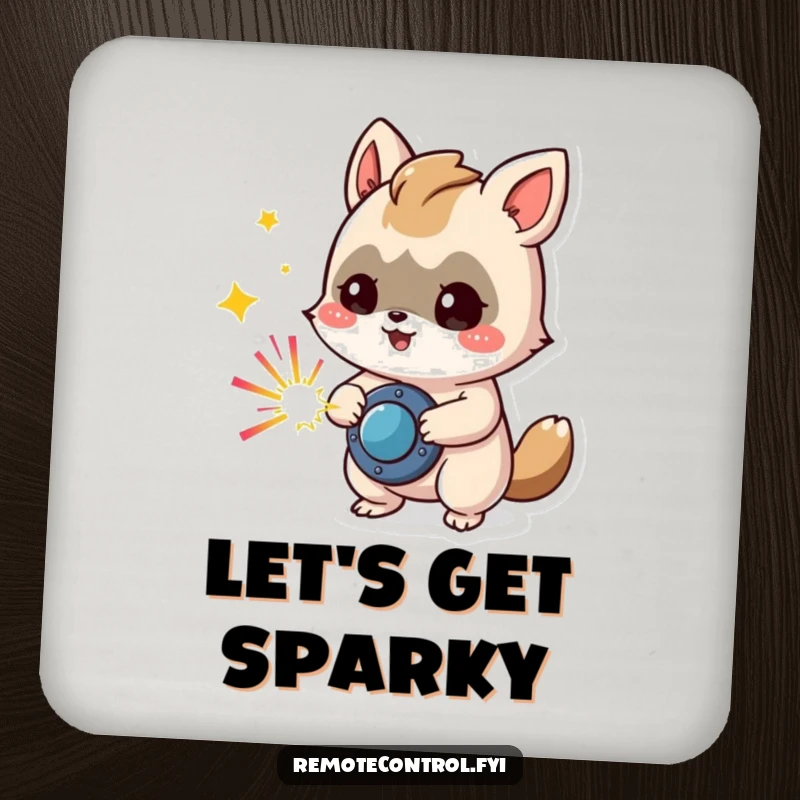 Funny drink coasters featuring a mischievous animal character pressing a button, emitting colorful sparks, perfect for party settings.