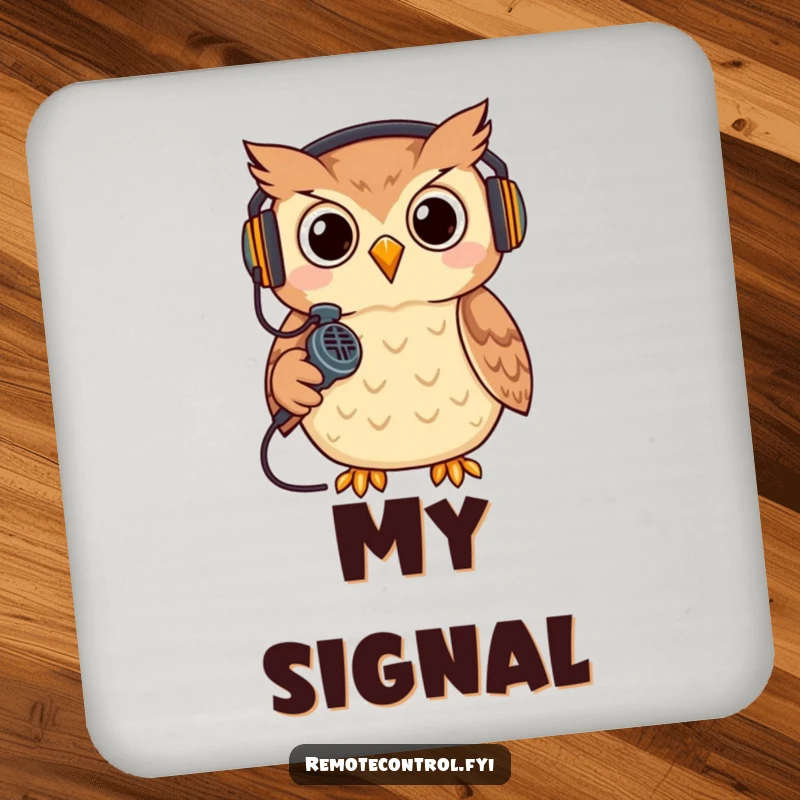 Funny owl wearing a headset, holding a remote like a microphone, gaming. Protects surfaces funny coaster.