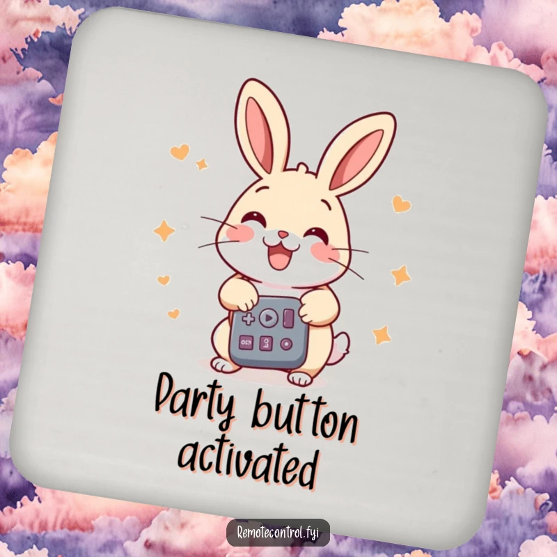 Funny rabbit drink coasters, a cheerful rabbit pressing multiple buttons on a remote with great energy, protecting tables.