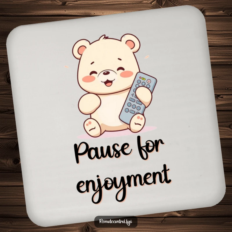 Funny bear cub drink coaster, showing a cub engrossed with a TV remote, adding humor to surfaces.