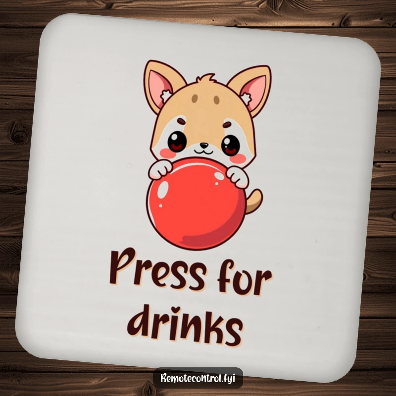 Funny Drink Coasters: Cute Animal Character Eagerly Pressing a Large Red Button, Protecting Surfaces with Humor.