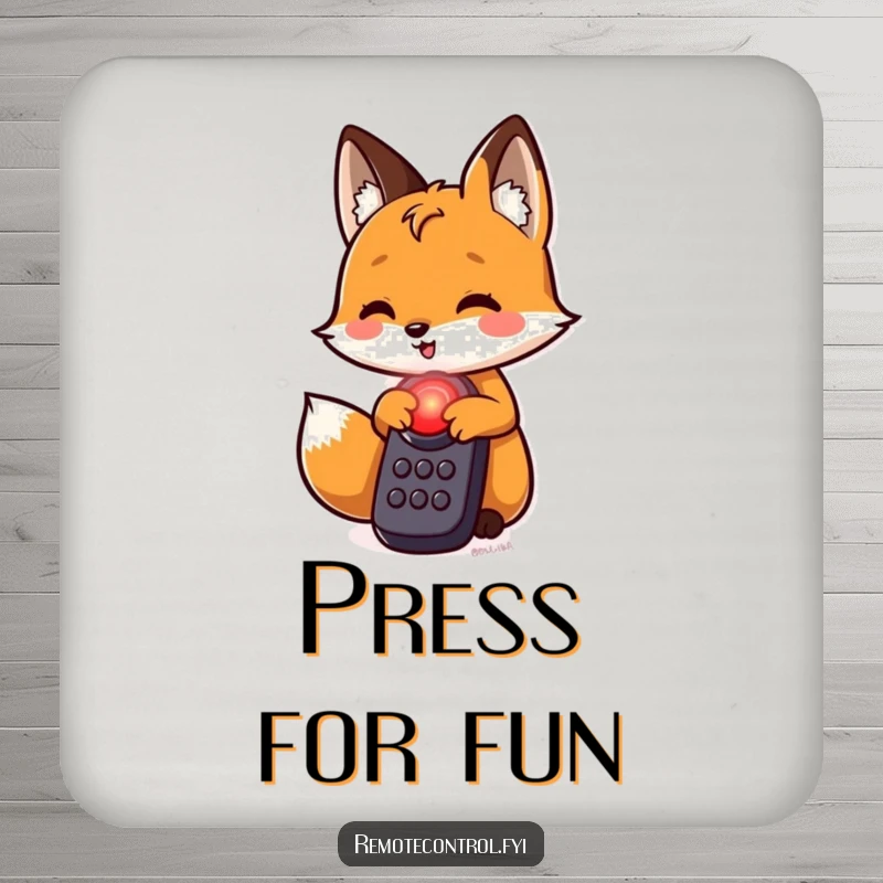 Funny fox coaster, a playful fox character is about to press a glowing red button on a remote, adding a touch of mystery.