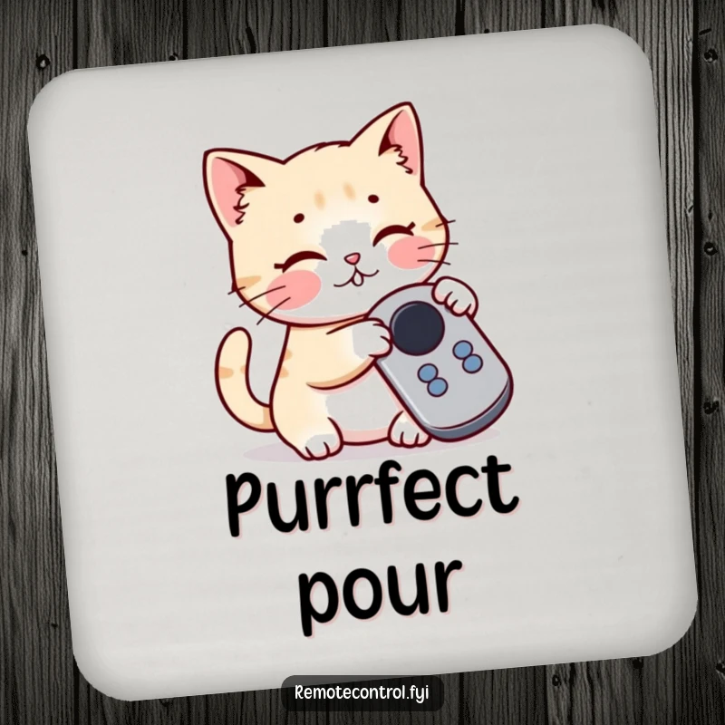 Funny Kawaii Cat Drink Coaster with a playful cat batting at a button on a remote control, protecting surfaces.