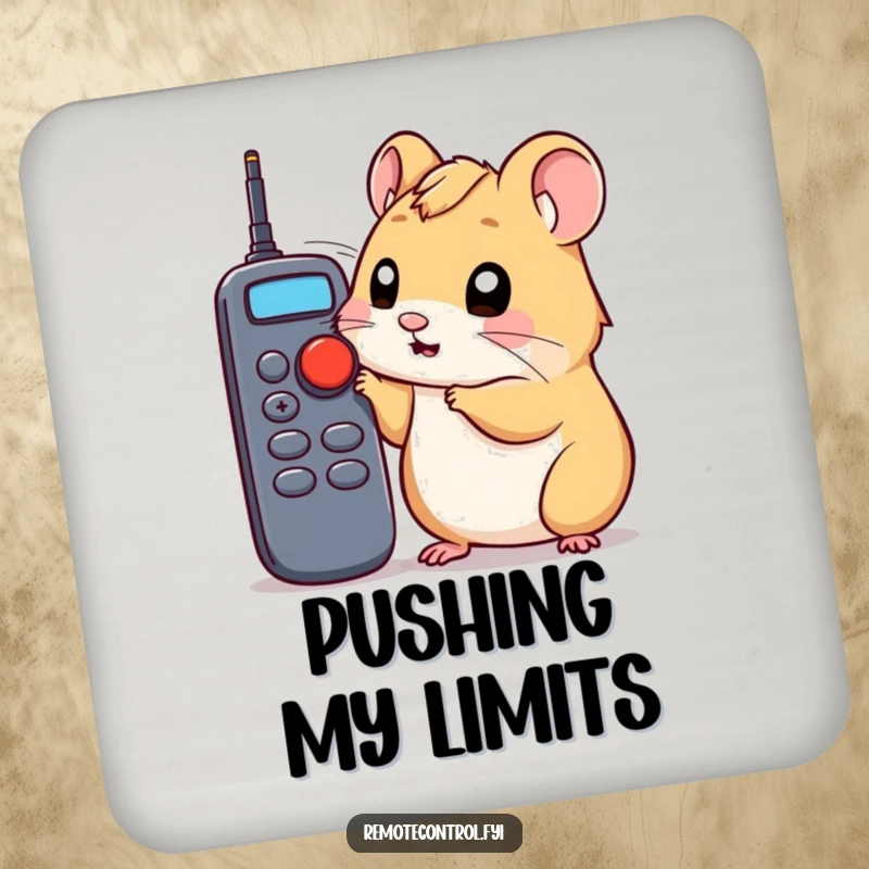 Funny hamster coaster with a curious hamster poking a remote control button, a humorous and practical home item.