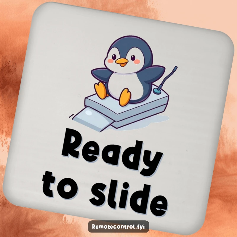 Funny penguin coaster with a playful penguin sliding down a remote control like a ramp, a humorous and practical home item.