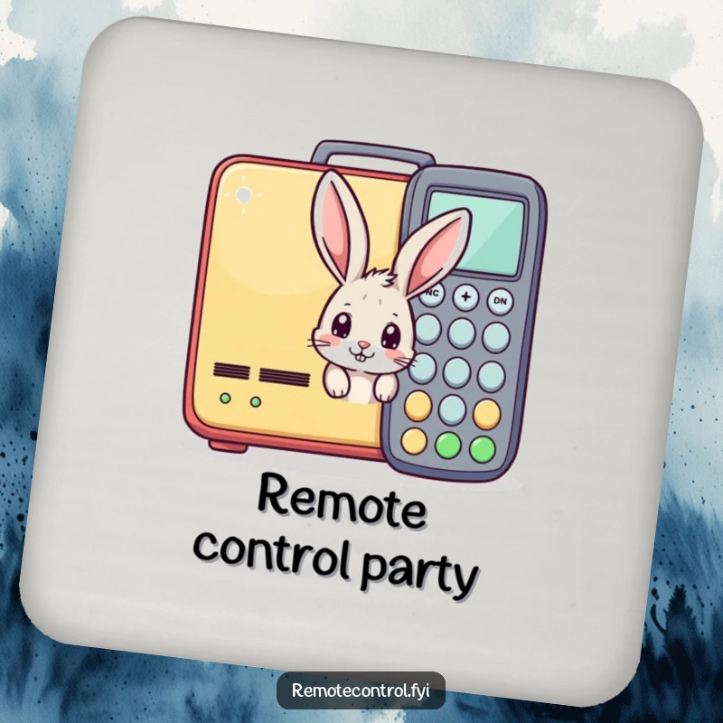 Funny drink coasters featuring a curious bunny peeking from behind a large remote control, protecting surfaces with humor.