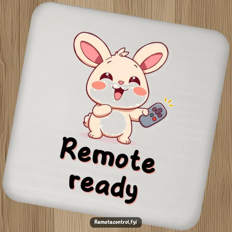 Funny Rabbit Remote Drink Coasters featuring a giggling rabbit with wide eyes, pointing a remote, adding cheerful protection to surfaces.