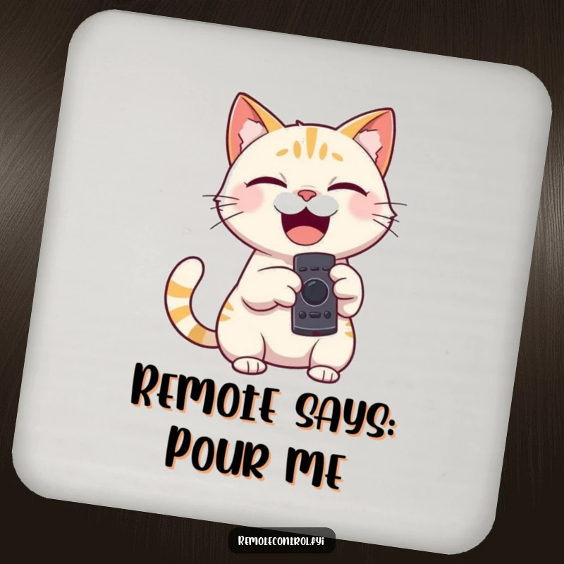 Funny drink coaster with a giggling cat character holding a remote control, pointing it playfully, protecting surfaces with humor.