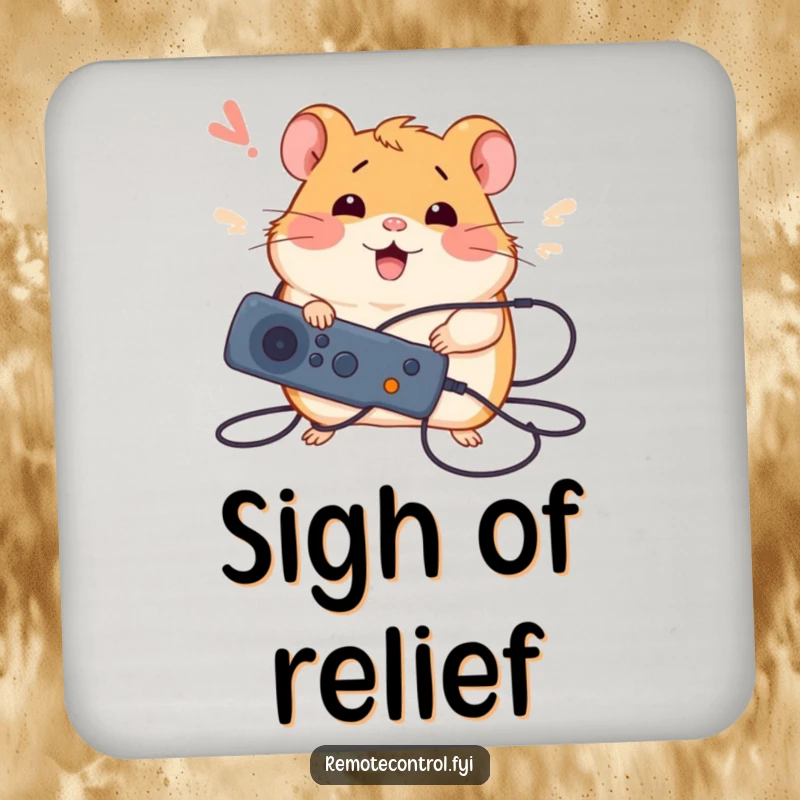 Funny drink coaster with a silly hamster tangled in wires, holding a remote with a happy sigh, protecting surfaces with tech humor.