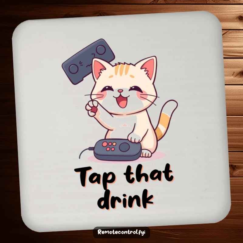 Funny Cat Remote Drink Coasters featuring a playful cat batting at a remote control with its paw, adding cheerful protection to surfaces.