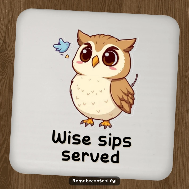 Funny drink coaster with a surprised owl holding a remote, looking at a flying symbol, protecting surfaces with curious style.