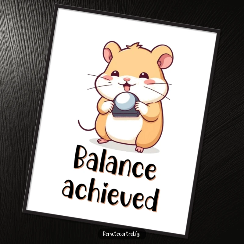 Funny Hamster Poster: Playful hamster character demonstrating astounding balance by spinning a TV remote control on its nose.