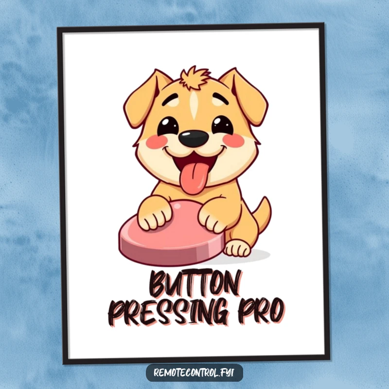 Funny poster showing a happy dog with its tongue out, enthusiastically pressing a large button, radiating infectious joy and energy.